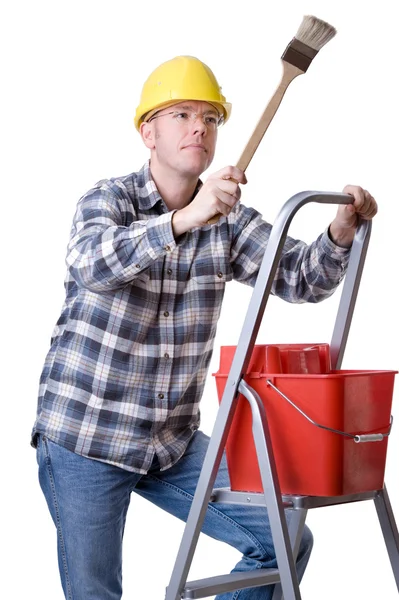 Hantverkare på en stege med en borste — Stockfoto