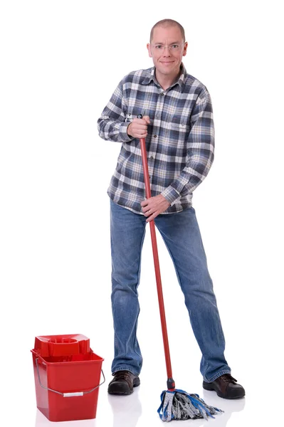 Homem com balde e esfregona — Fotografia de Stock