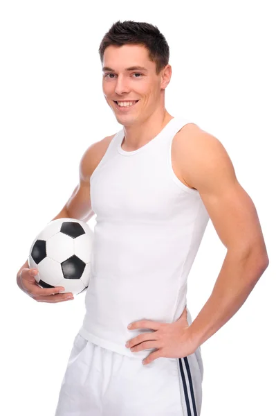 Retrato de um homem segurando uma bola de futebol . — Fotografia de Stock