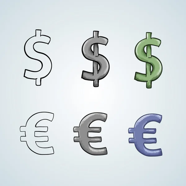 Conjunto de sinais de dólar e euro — Vetor de Stock