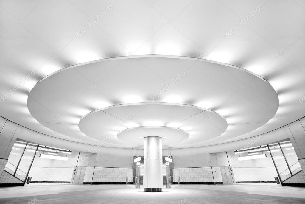 Ultra modern black and white interior of the public subway station