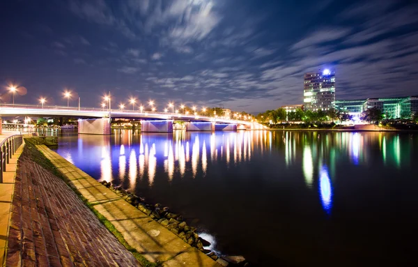 stock image Modern offices on the river in Frankfurt at night