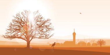 European village landscape in sepia clipart