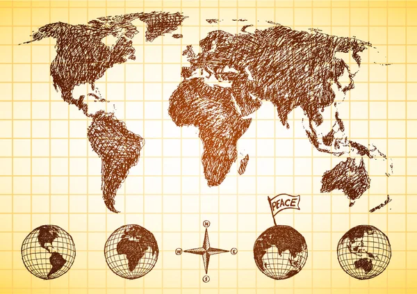 Doodle mapa do mundo estilo com 4 globos — Vetor de Stock