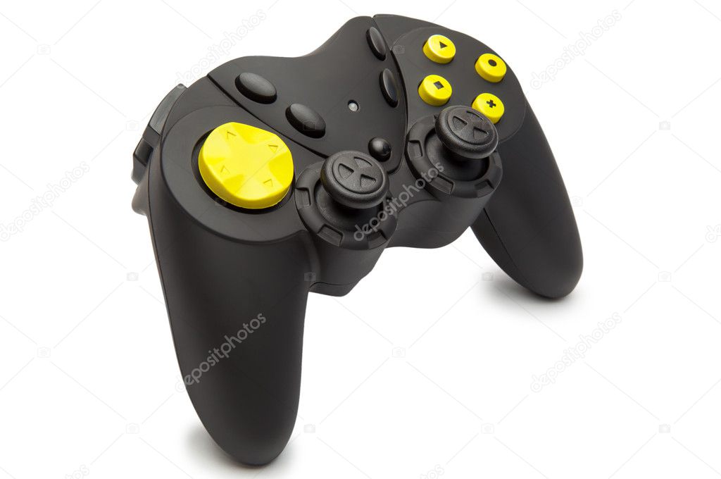Black game controller with yellow buttons.