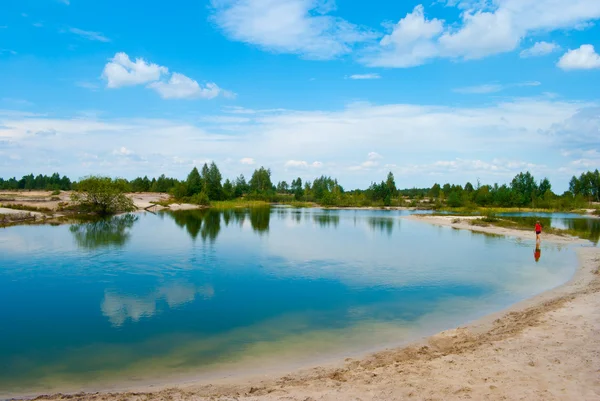 stock image Girl on the beach of forest lake.