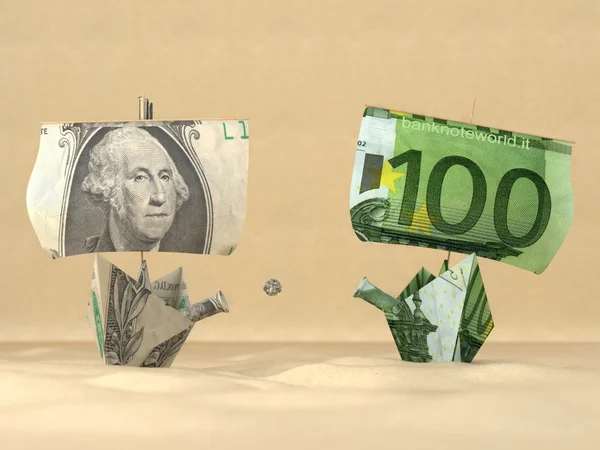 Two paper boats representing the dollar and the euro fighting together — Stock Photo, Image