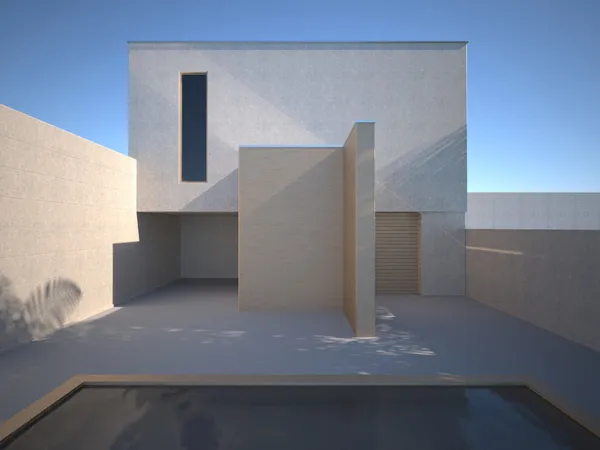 Modernes Betonhaus mit Schwimmbad, 3D-Rendering, klarem Himmel. — Stockfoto