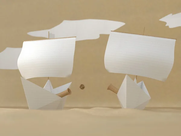Tengeri csata két újrahasznosított papír csónakok — Stock Fotó