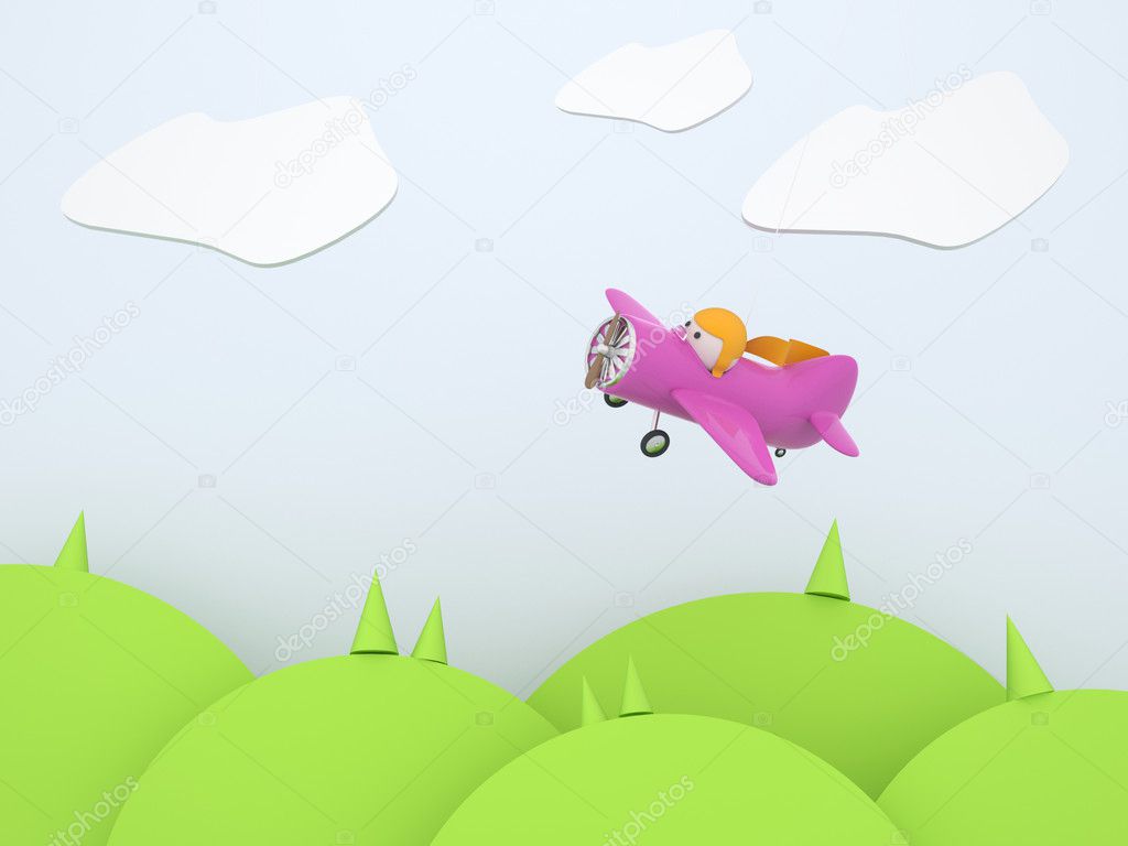 Pink cartoon plane flying over the landscape