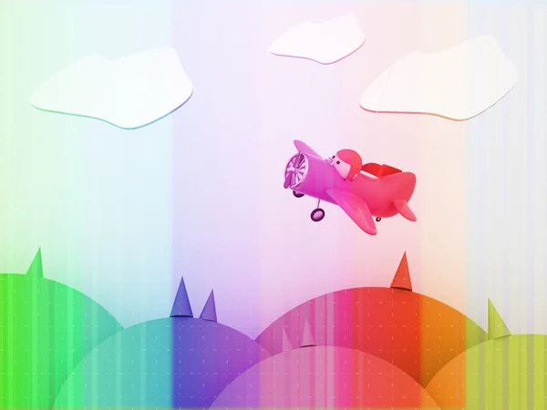 Color cartoon plane flying over the landscape — Stock Photo, Image
