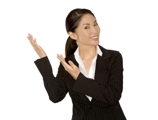 Woman pointing with fingers — Stock Photo, Image