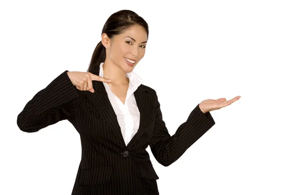 Woman pointing with fingers — Stock Photo, Image