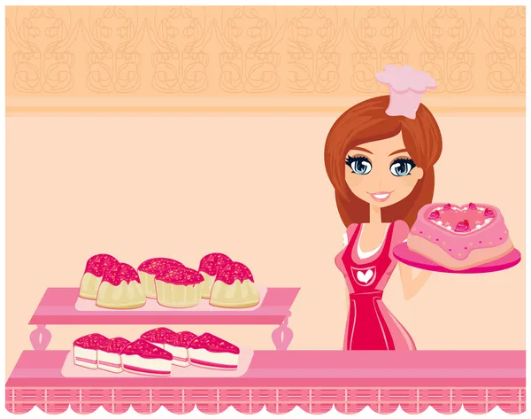 Sweet Housewife cooking cakes — Stock Vector