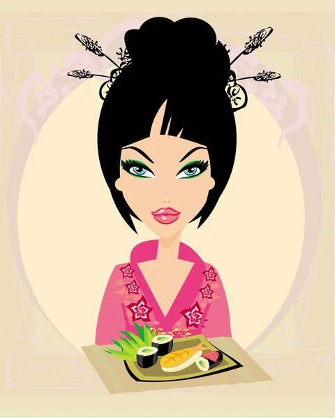 Vacker kvinna njuter sushi — Stock vektor