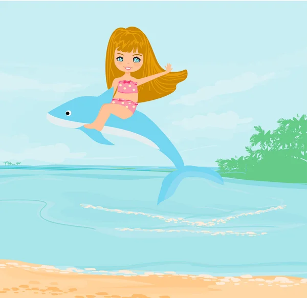 Linda chica está montando un delfín — Vector de stock
