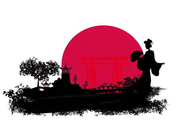 Abstracto paisaje asiático con geisha — Archivo Imágenes Vectoriales