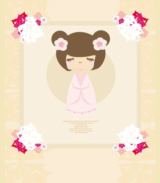 Kokeshi panenka na růžovém pozadí s květinovým ornamentem — Stockový vektor