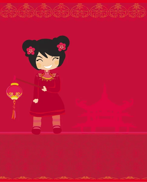 一个中国姑娘和她漂亮的灯笼 — 图库矢量图片