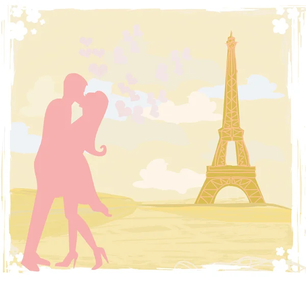 Romantyczna para w Paryżu całuje się w pobliżu karty Eiffla Retro — Wektor stockowy