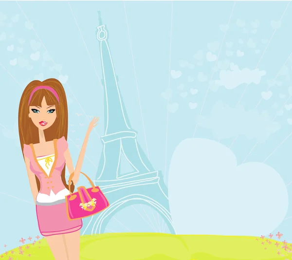 Bela menina de viagem em Paris —  Vetores de Stock