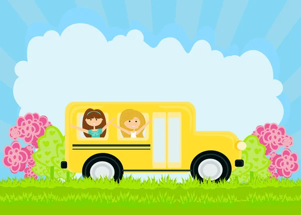 Školní autobus míří do školy se šťastnými dětmi — Stockový vektor