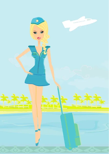 Beautiful stewardess with baggage — Stock Vector