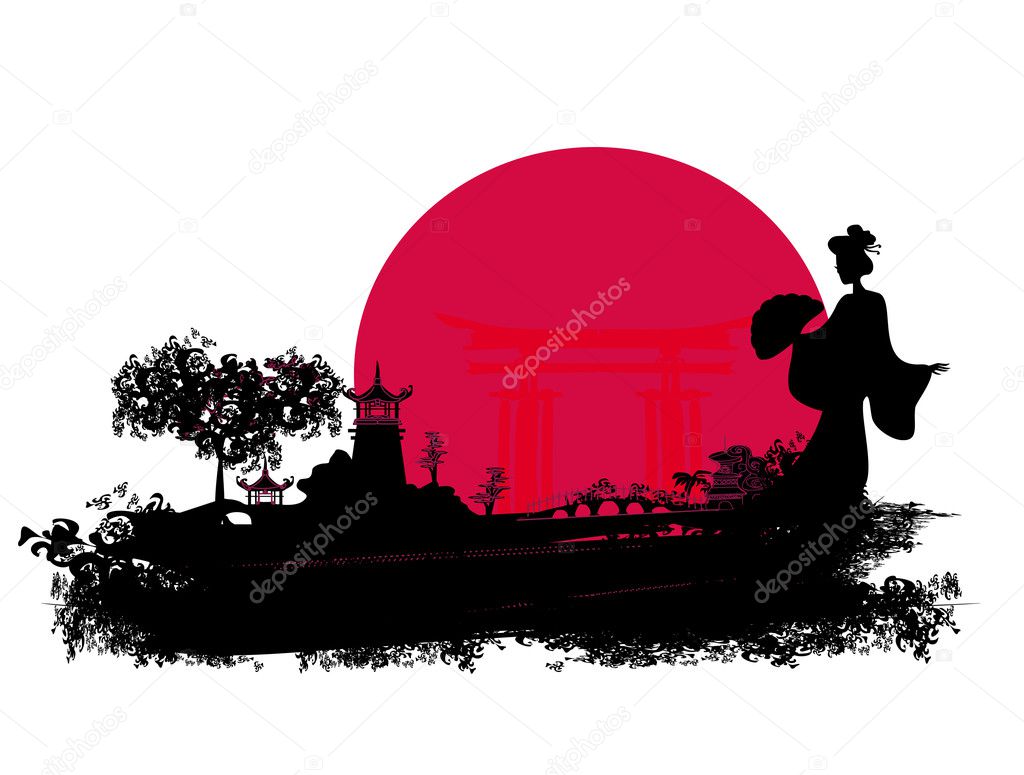 Abstract Asian Landscape with geisha