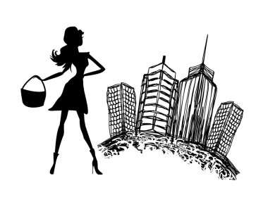 Fashion silhouettes girl Shopping in the city clipart