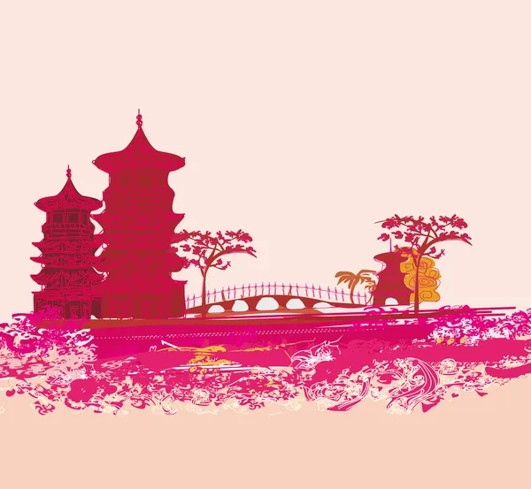 Vieux papier avec paysage asiatique — Image vectorielle