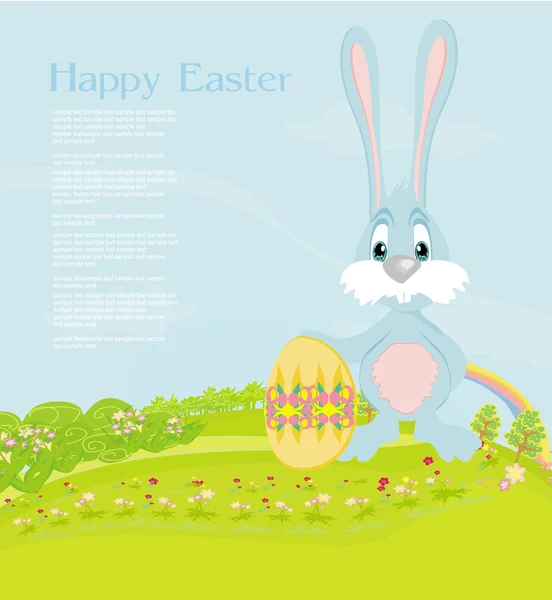 Ilustracja szczęśliwego króliczka wielkanocnego niosącego jajko — Wektor stockowy
