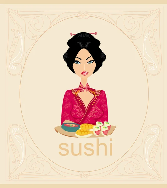Krásná asijské dívka těšit sushi — Stockový vektor