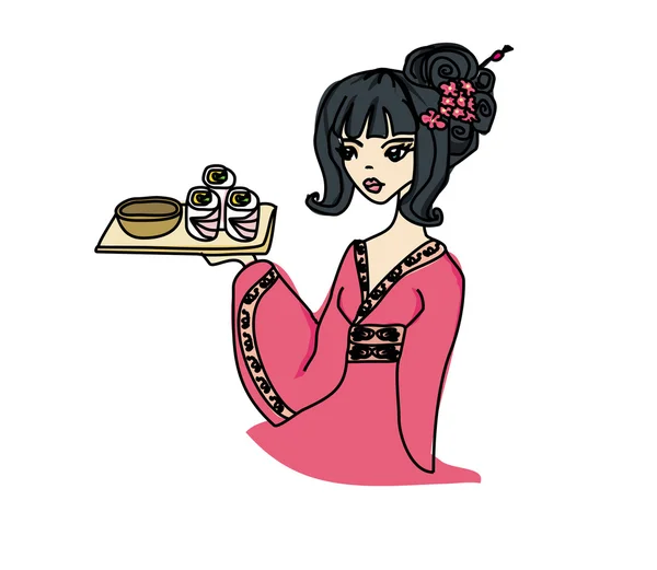 美しいアジアの女の子寿司を楽しむ — ストックベクタ