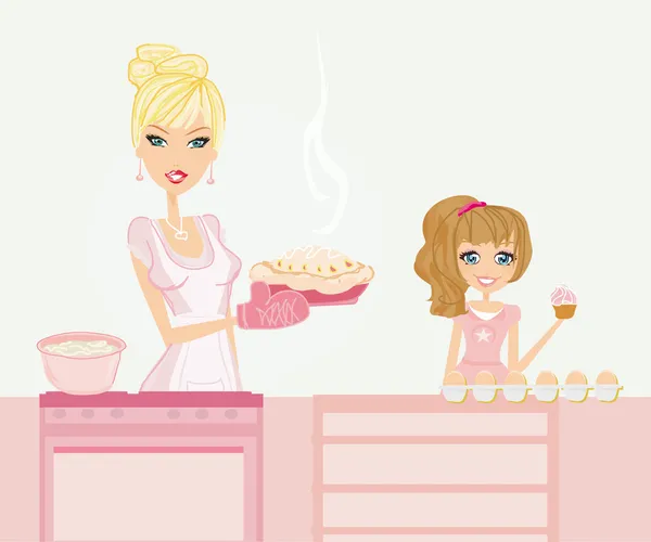 Happy mother helping her daughter cooking in the kitchen — Stock Vector