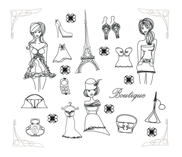 Parigi moda doodles set, illustrazione vettoriale — Vettoriale Stock