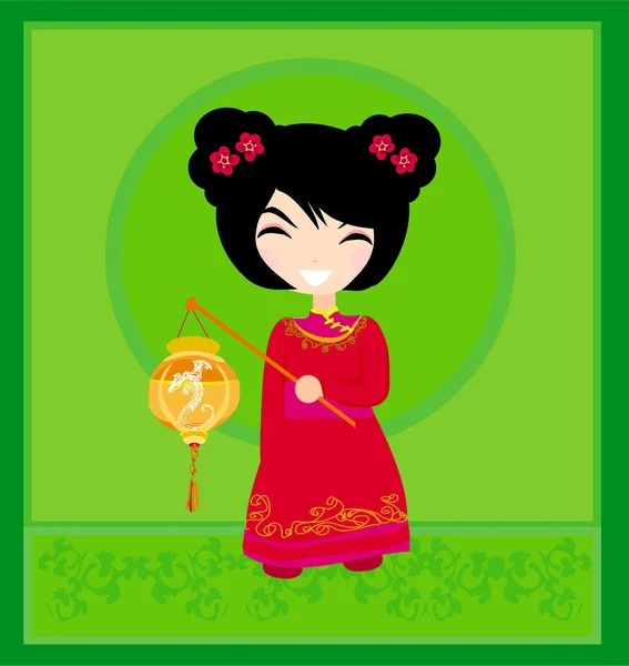 Egy kínai lány és a gyönyörű lámpása. — Stock Vector