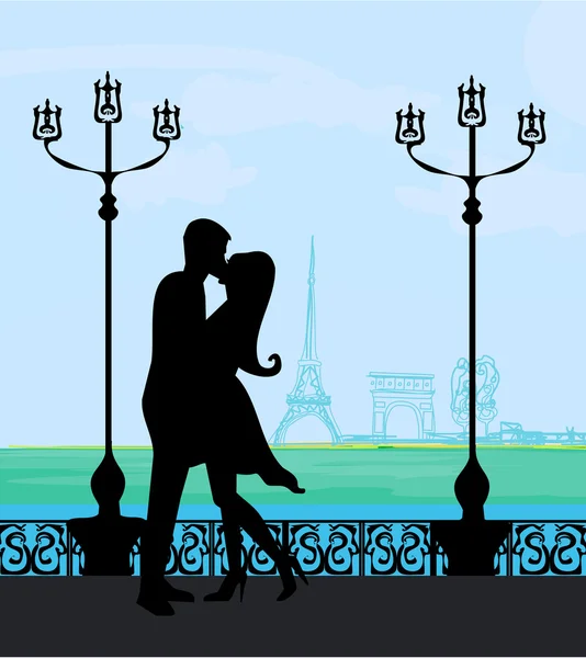 エッフェル塔レトロカードの近くにキスパリのロマンチックなカップル — ストックベクタ