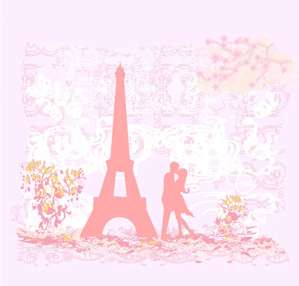 Coppia romantica a Parigi baciarsi vicino alla Torre Eiffel Retro card — Vettoriale Stock