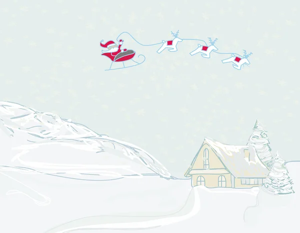 Felice anno nuovo carta con Babbo Natale e paesaggio invernale — Vettoriale Stock