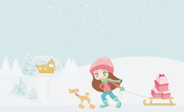 Chica de invierno con caja de regalo y su perro — Vector de stock