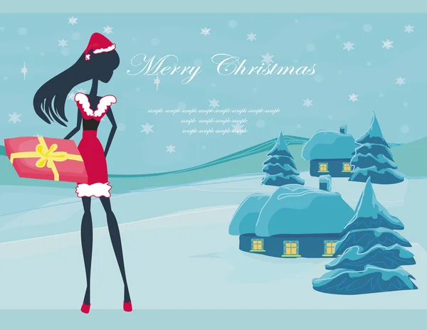 Bonne carte de nouvelle année avec Santa fille et paysage d'hiver — Image vectorielle