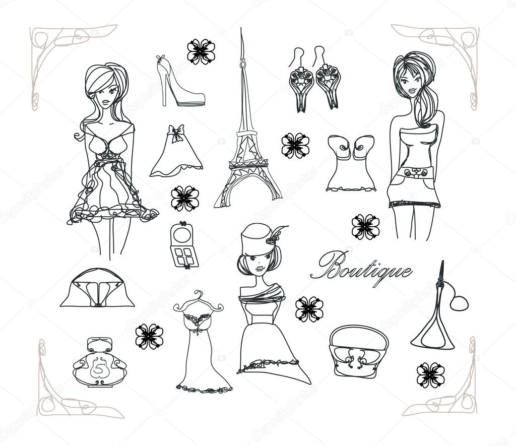 Paris fashion doodles set , vector illustration — Stock Vector ...
