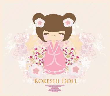 Kokeshi doll on the pink background with floral ornament clipart