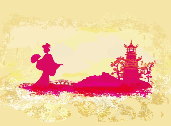 Abstracto paisaje asiático con silueta de geisha — Vector de stock