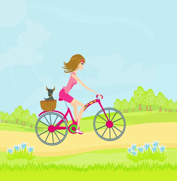 Γυναίκα οδήγηση ενός ποδηλάτου σε ένα πάρκο στην πόλη — Διανυσματικό Αρχείο