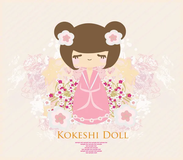 Boneca Kokeshi no fundo rosa com ornamento floral — Vetor de Stock