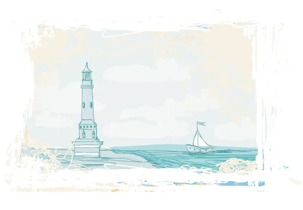 小さなビーチから見た灯台- Grunge Poster — ストックベクタ