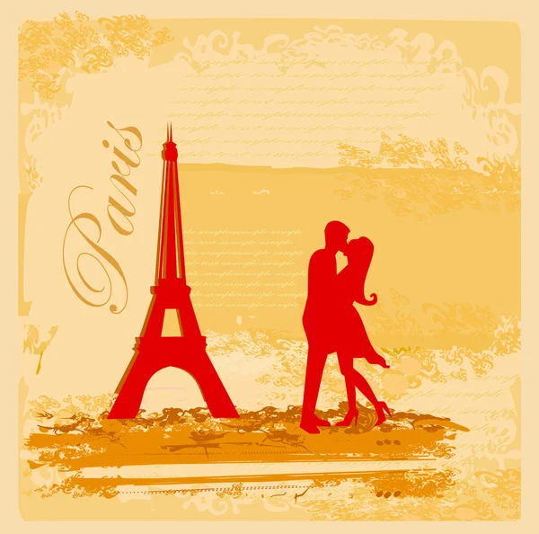 Pareja romántica en París besándose cerca de la Torre Eiffel Tarjeta retro — Archivo Imágenes Vectoriales