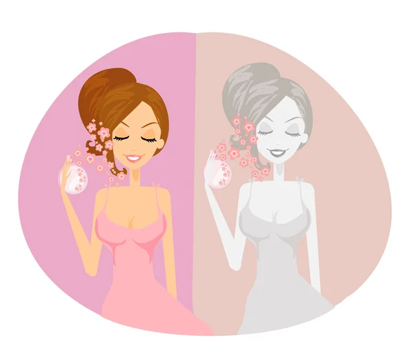 Young woman spraying perfume on herself — Stock Vector