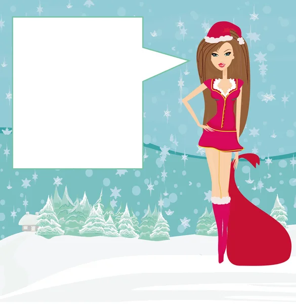 Happy New Year card with Santa girl and winter landscape — стоковый вектор